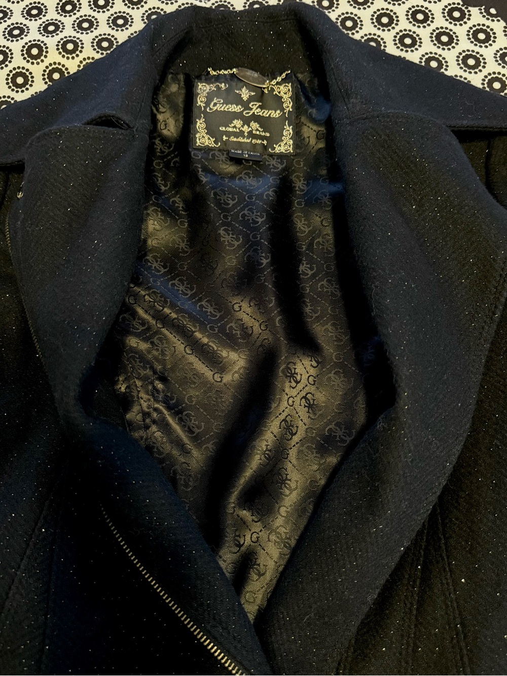 GUESS Black Wool Blend Coat XS Gold Shimmer Sparkle Moto Trench Belted Zip - Picture 12 of 14